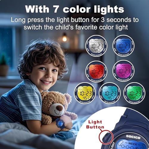 SOCICO Kids Digital Watches For Girls Boys 7 Color Lights Waterproof Sport Outdoor Wristwatch With Stopwatch Alarm Date Great Gift For Child Ages 5-12