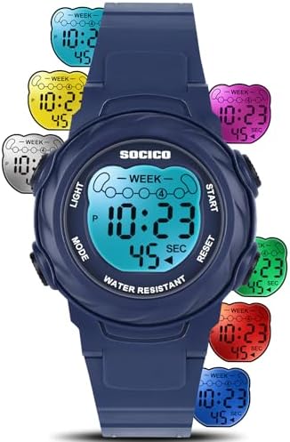 SOCICO Kids Digital Watches for Girls Boys 7 Color Lights Waterproof Sport Outdoor Wristwatch with Stopwatch Alarm Date Great Gift for Child Ages 5-12