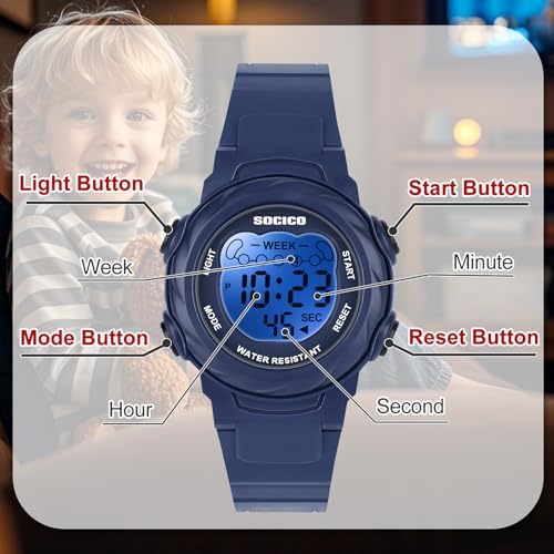 SOCICO Kids Digital Watches For Girls Boys 7 Color Lights Waterproof Sport Outdoor Wristwatch With Stopwatch Alarm Date Great Gift For Child Ages 5-12