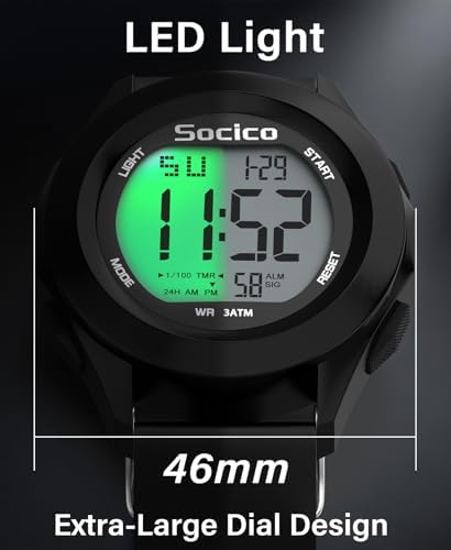 SOCICO Mens Digital Watch Sports Waterproof Outdoor Large Face Military Watches With Stopwatch Back Light Alarm Date Display