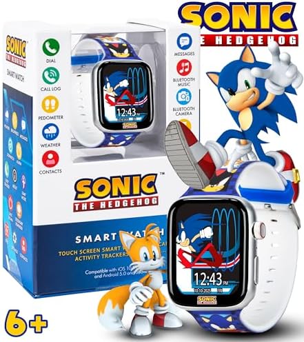 Sonic The Hedgehog Kids Smartwatch – Bluetooth Calling Messages Camera Music Sleep Tracker Fitness & Activity Apps – 6 Watch Faces Touchscreen USB Rechargeable – Fits Wrists 5.5" To 8"