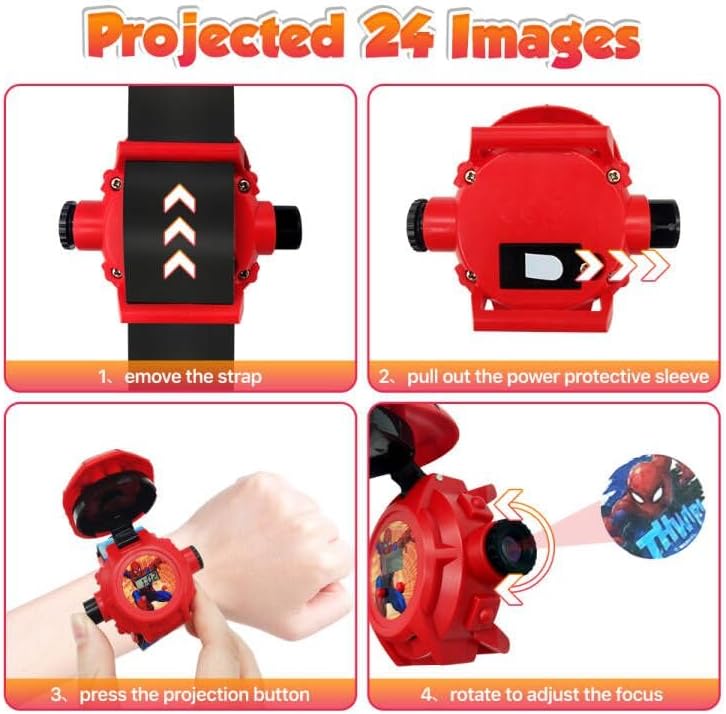 Superhero Projector Watch Kids Digital Watch Toy Toddler Watch With 24 Anime Images Stocking Stuffer Gift For Birthday Halloween Christmas Anniversaries (Red)