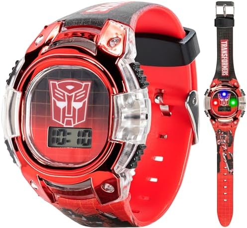 Transformers Kids Watch – LCD Display Metallic Bezel Adjustable Comfortable Strap Collectible Tin – Perfect for Boys and Girls