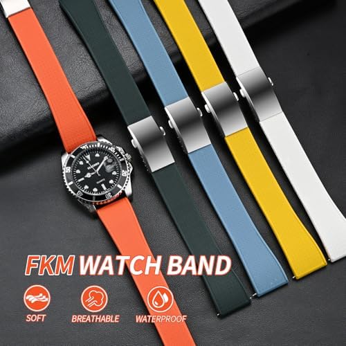 ULLCHRO FKM Rubber Watch Strap Cut To Size Quick Release Fluororubber Watch Band Soft Replacement Watchband With Silver Milled Clasp For Men Women 18mm 19mm 20mm 21mm 22mm
