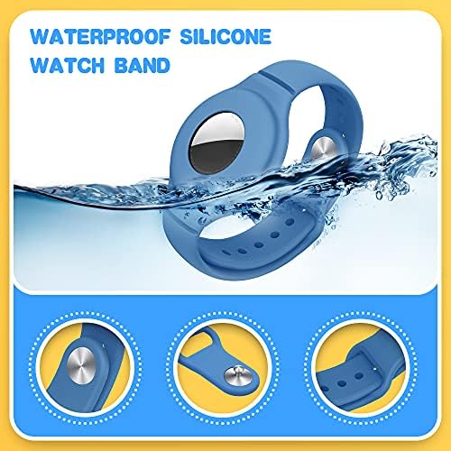 VEGO For Air Tag Bracelet For Kids 2 Pack Silicone Watch Bands + 4 Pack Anti-Scratch Films For Children Metal Studs Wristband (Yellow+Blue)