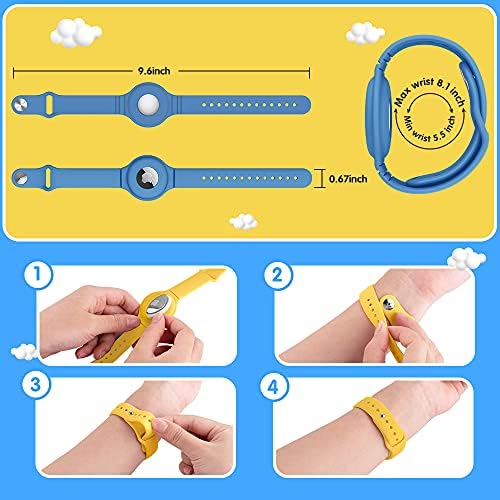 VEGO For Air Tag Bracelet For Kids 2 Pack Silicone Watch Bands + 4 Pack Anti-Scratch Films For Children Metal Studs Wristband (Yellow+Blue)