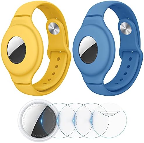 VEGO for Air Tag Bracelet for Kids 2 Pack Silicone Watch Bands + 4 Pack Anti-Scratch Films for Children Metal Studs Wristband (Yellow+Blue)