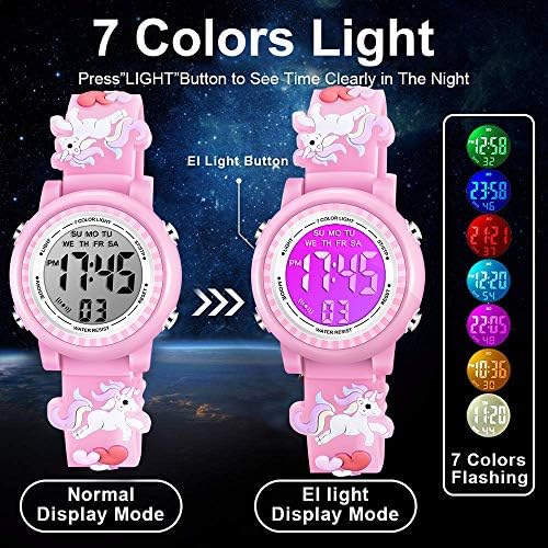 Venhoo Kids Watches 3D Cartoon Waterproof 7 Color Lights Toddler Wrist Digital Watch With Alarm Stopwatch For 3-10 Year Girls Little Child