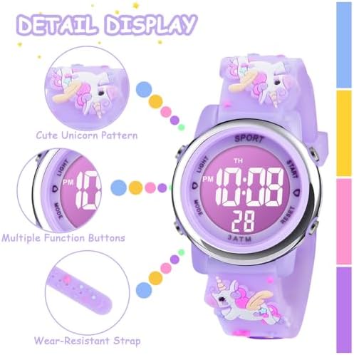 Vicloon Kids Watch Toddler Digital Watch Digital Watch LED Electrical Watches 7 Color Lights Watch Sport Outdoor With Alarm Stopwatch Unicorn Toys Gift For 6-12 Year Girls Children Wristwatch