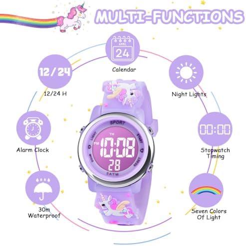 Vicloon Kids Watch Toddler Digital Watch Digital Watch LED Electrical Watches 7 Color Lights Watch Sport Outdoor With Alarm Stopwatch Unicorn Toys Gift For 6-12 Year Girls Children Wristwatch