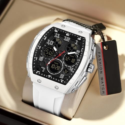 Watches For Men Unique Rectangle Relojes Para Hombres White Wristwatch With Digital Analog Dual Time Display Countdown Stopwatch Punk Cool Design 5ATM Waterproof