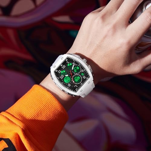 Watches For Men Unique Rectangle Relojes Para Hombres White Wristwatch With Digital Analog Dual Time Display Countdown Stopwatch Punk Cool Design 5ATM Waterproof
