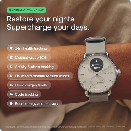 Withings ScanWatch 2 - Hybrid Smart Watch Heart Rate Monitoring Fitness Tracker Cycle Tracker Sleep Monitoring GPS Tracker 30-Day Battery Life Android & Apple Compatible HSA/FSA