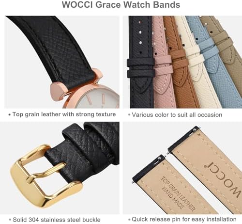 WOCCI 16mm Grace 女士表带 头层粒面皮革 快速释放替换表带带金色搭扣(黑色)
