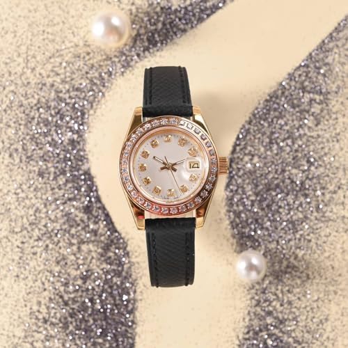 WOCCI 16mm Grace Watch Band For Ladies Top Grain Leather Quick Release Replacement Strap With Gold Buckle (Black)