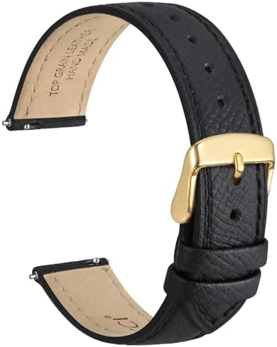 WOCCI 16mm Grace Watch Band for Ladies Top Grain Leather Quick Release Replacement Strap with Gold Buckle (Black)