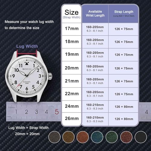 WOCCI 17mm Old-fashioned Watch Band For Men Top Grain Leather Silver Brushed Buckle (Black)