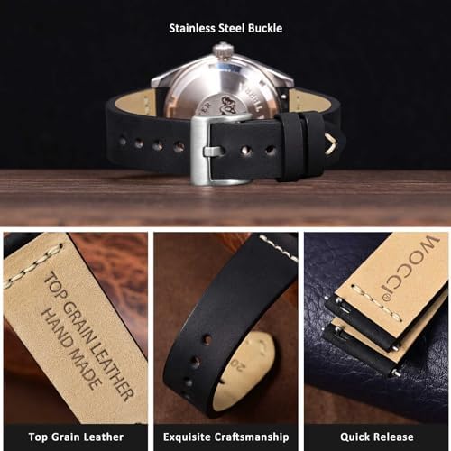 WOCCI 17mm Old-fashioned Watch Band For Men Top Grain Leather Silver Brushed Buckle (Black)