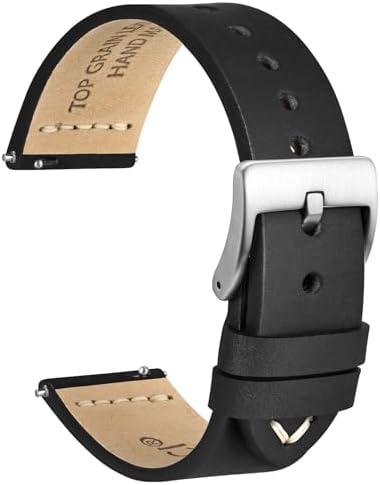 WOCCI 17mm Old-fashioned Watch Band for Men Top Grain Leather Silver Brushed Buckle (Black)