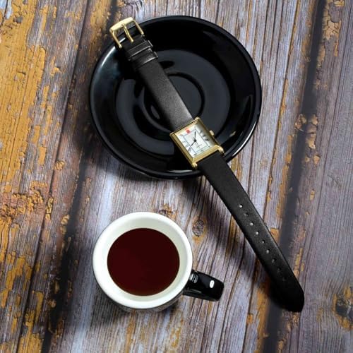 WOCCI 18mm Lug Width Elegant Watch Band Genuine Leather Replacement Strap With Gold Buckle (Black)