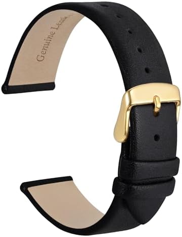WOCCI 18mm Lug Width Elegant Watch Band Genuine Leather Replacement Strap with Gold Buckle (Black)
