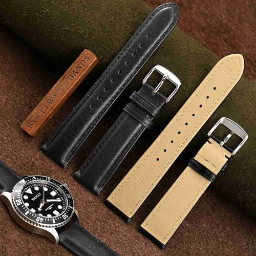 WOCCI 20mm Vintage Leather Watch Band For Men And Women Silver Buckle (Black)