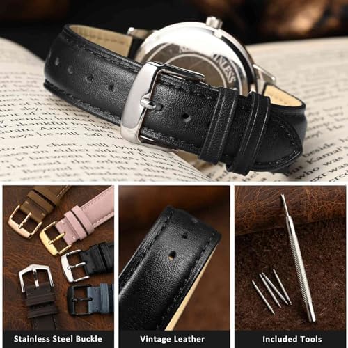 WOCCI 20mm Vintage Leather Watch Band For Men And Women Silver Buckle (Black)