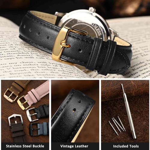 WOCCI 20mm Vintage Leather Watch Band For Men And Women Gold Buckle (Black)