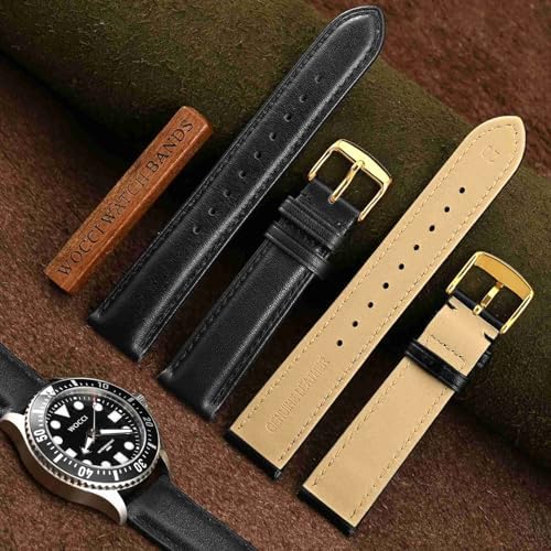 WOCCI 20mm Vintage Leather Watch Band For Men And Women Gold Buckle (Black)