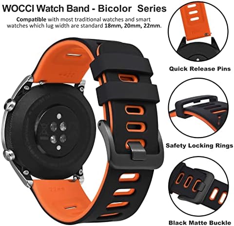 WOCCI 22mm Bicolor Watch Band Silicone Rubber Quick Release Replacement Strap For Men And Women Black Stainless Steel Buckle (Black-Orange)