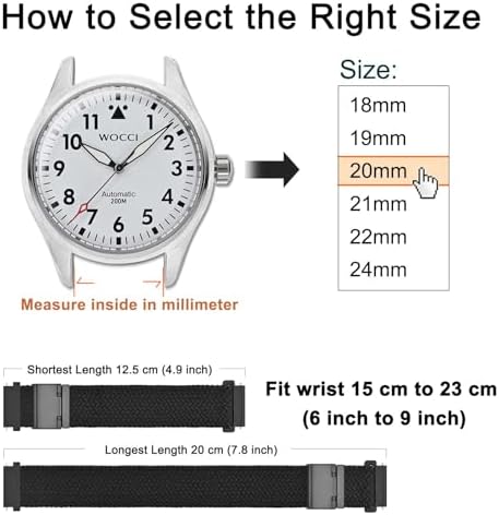 WOCCI 22mm Braided Nylon Watch Band For Men And Women Quick Release Black Stainless Steel Buckle (Black)