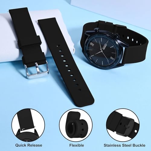 WOCCI 24mm Silicone Watch Band Quick Release Rubber Replacement Strap With Black Stainless Steel Buckle (Black)