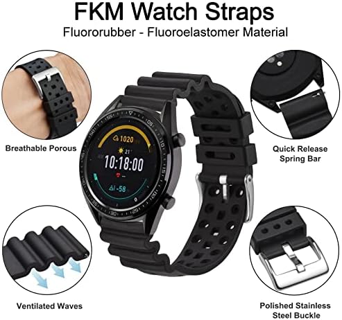 WOCCI 通风 FKM 橡胶表带(非硅胶) 潜水手表含氟橡胶表带 快速释放 不锈钢搭扣 18 毫米 20 毫米 22 毫米 24 毫米 黑色(银色搭扣) 运动型