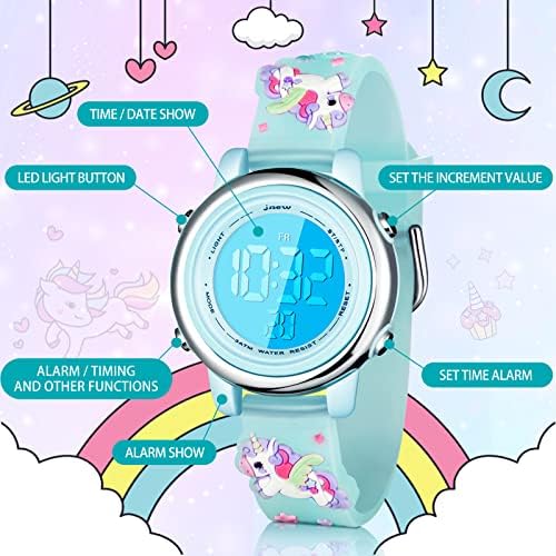 Yaomiao 3 Pieces Kids Unicorn Digital Sport Watches And Bracelets 7 Color Lights Alarm Stopwatch 3D Waterproof Watch Gift For Girls 3-10 Years Old