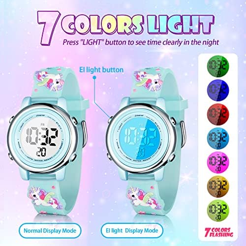 Yaomiao 3 Pieces Kids Unicorn Digital Sport Watches And Bracelets 7 Color Lights Alarm Stopwatch 3D Waterproof Watch Gift For Girls 3-10 Years Old