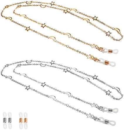 2PCS Eyeglass Chain Sunglass Strap Holder Reading Glass Cords Lanyard Necklace Eyewear Retainer Metal Long Necklace Accessories with Rubber Ends –Style Star and Moon
