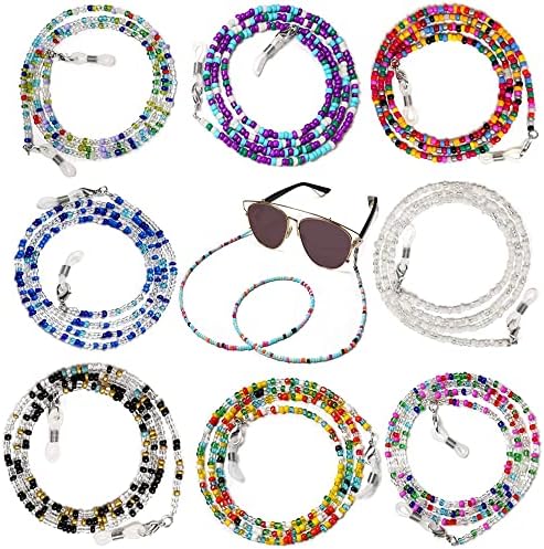 8 Pcs Beaded Eyeglass Chains for Women & Girls Multifunction Colorful Mask Glasses Lanyard Sunglass Holder Strap Around Neck Bead Holders Face Mask Chains Clamp Necklace Strap with Eyeglass Loop