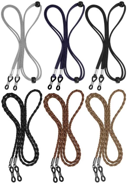BILIONE 6 Pcs Eyeglasses Strap for Men & Women Leather Eye Glasses Holders Around Neck Dark Colors Glasses Chain