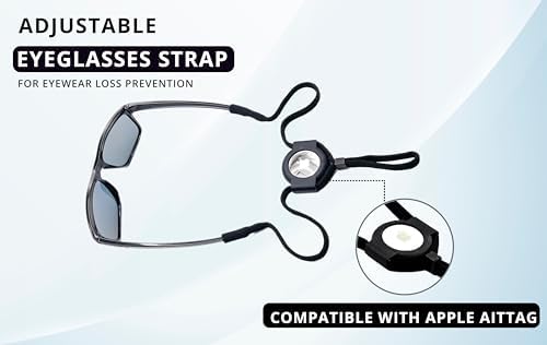Eyeglass Lanyard – Sunglasses Strap With Holder Compatible With AirTag Tracker – Adjustable Eyeglass Strap For Eyewear Loss Prevention – Sunglasses Lanyards (Black Sport Strap)