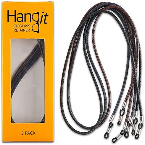 HANGIT Elegant Eyeglass Sunglass Strap-Chain-Retainer Sports Band 3 Pack (blue Black Brown - PU Leather For Men Women By HANGIT