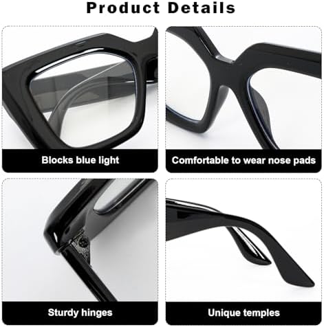 Heliltd Oversized Square Blue Light Blocking Glasses For Women Men Black Chunky Glasses Thick Frames Fashion Glasses(Non-Prescription)