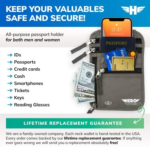 HERO Neck Wallet RFID Blocking Passport Holder Easy To Conceal Travel Pouch