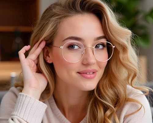 HJSTES Round Blue Light Glasses For Women Men Retro Circle Clear Lens Metal Frame Eyeglasses