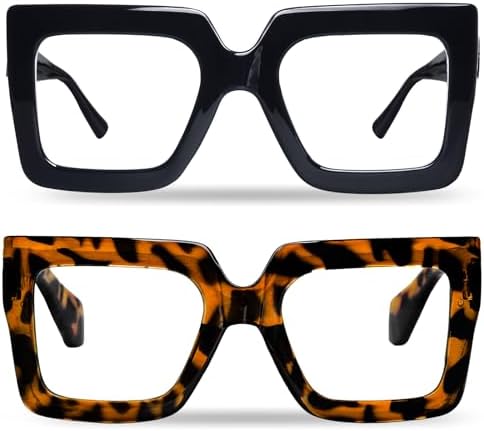 hoyuwak 2PCS Oversized Square Blue Light Glasses Big Frame Computer Eyewear Thick Fashion Clear Glasses for Women Fashion