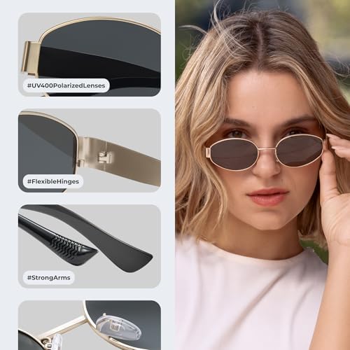 Livho Retro Polarized Sunglasses - UV400 Protection Oval Shape Metal Frames - Matching Soft Case Inlcuded