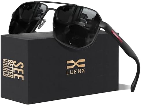 LUENX Aviator Sunglasses for Men Square Polarized Polygon Lens - UV 400 Protection with Accessories 61MM Driving Outdoor