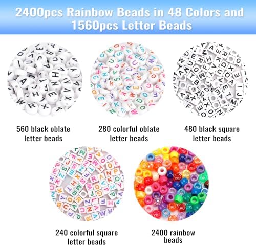 Quefe 3960pcs Pony Beads For Friendship Bracelet Making Kit 48 Colors Kandi Beads Set 2400pcs Plastic Rainbow Bulk And 1560pcs Letter Beads With 20 Meter Elastic Threads For Craft Jewelry Necklace