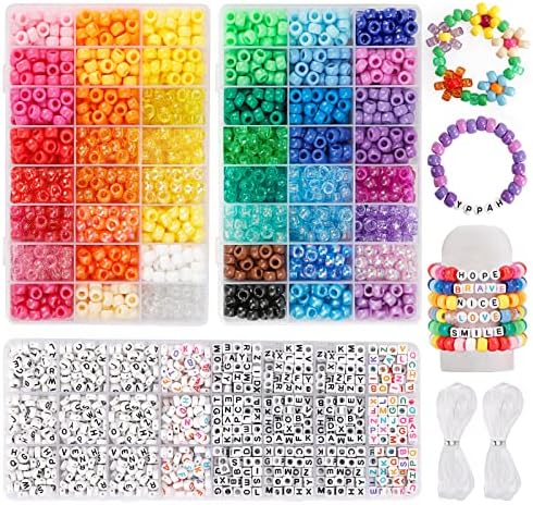 Quefe 3960pcs Pony Beads for Friendship Bracelet Making Kit 48 Colors Kandi Beads Set 2400pcs Plastic Rainbow Bulk and 1560pcs Letter Beads with 20 Meter Elastic Threads for Craft Jewelry Necklace