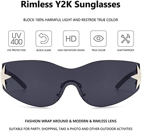 Rimless Y2K Sunglasses For Women Men Wrap Around Fashion Sunglasses Oversized Frameless Trendy Sun Glasses