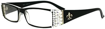 The French (Bling) Fleur De Lis Women Reading Glasses With (Clear + Aurora Borealis) Austrian Crystals (Black) Rectangular